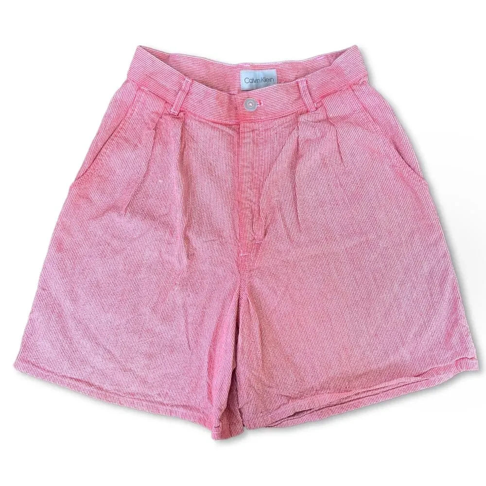 Vintage Red Striped Pleated High Rise Denim‎ Shorts Jorts Size 24" Calvin Klein